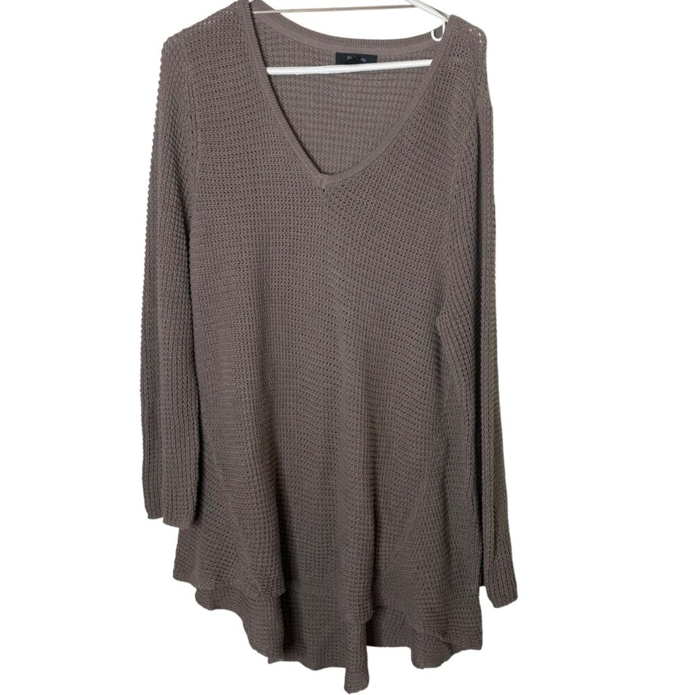 Style & Co XL Taupe Brown Open Knit V-Neck Tunic Sweater Cotton Boho Minimalist